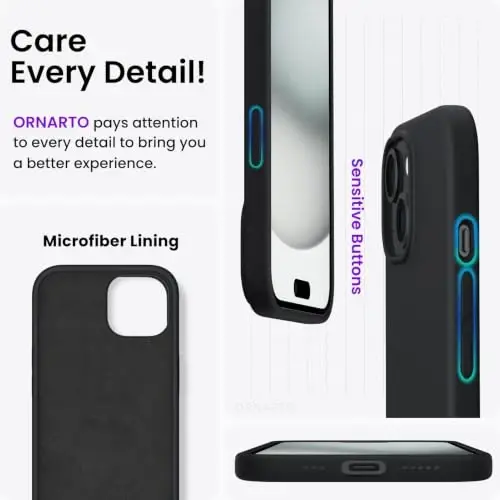 ORNARTO Compatible with iPhone 15 Case 6.1, Slim Liquid Silicone 3 Layers Full Covered Soft Gel Rubber Phone Case, Anti-Scratch Shockproof Protective Cover 6.1 Inch, Black - 4