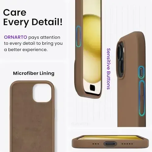 ORNARTO Compatible with iPhone 15 Case 6.1, Slim Liquid Silicone 3 Layers Full Covered Soft Gel Rubber Phone Case, Anti-Scratch Shockproof Protective Cover 6.1 Inch, Brown - 5