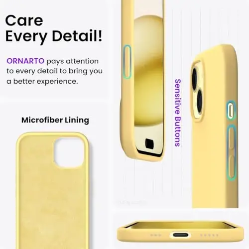 ORNARTO Compatible with iPhone 15 Case 6.1, Slim Liquid Silicone 3 Layers Full Covered Soft Gel Rubber Phone Case, Anti-Scratch Shockproof Protective Cover 6.1 Inch, Butter Yellow - 5