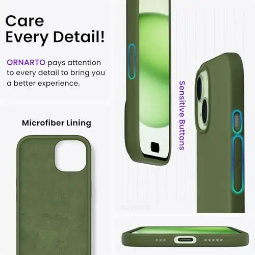 ORNARTO Compatible with iPhone 15 Case 6.1, Slim Liquid Silicone 3 Layers Full Covered Soft Gel Rubber Phone Case, Anti-Scratch Shockproof Protective Cover 6.1 Inch, Cedar Green - 5