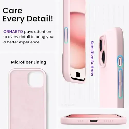 ORNARTO Compatible with iPhone 15 Case 6.1, Slim Liquid Silicone 3 Layers Full Covered Soft Gel Rubber Phone Case, Anti-Scratch Shockproof Protective Cover 6.1 Inch, Chalk Pink - 3