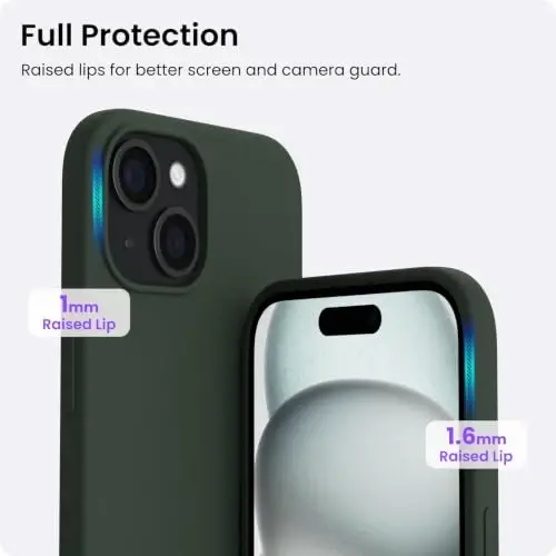 ORNARTO Compatible with iPhone 15 Case 6.1, Slim Liquid Silicone 3 Layers Full Covered Soft Gel Rubber Phone Case, Anti-Scratch Shockproof Protective Cover 6.1 Inch, Dark Moss - 3