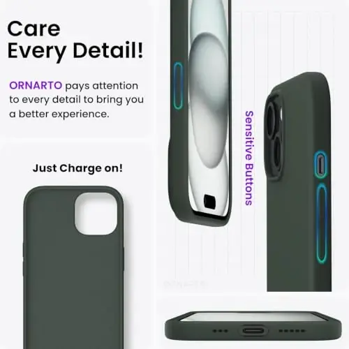 ORNARTO Compatible with iPhone 15 Case 6.1, Slim Liquid Silicone 3 Layers Full Covered Soft Gel Rubber Phone Case, Anti-Scratch Shockproof Protective Cover 6.1 Inch, Dark Moss - 4