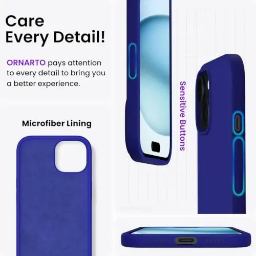 ORNARTO Compatible with iPhone 15 Case 6.1, Slim Liquid Silicone 3 Layers Full Covered Soft Gel Rubber Phone Case, Anti-Scratch Shockproof Protective Cover 6.1 Inch, Klein Blue - 5