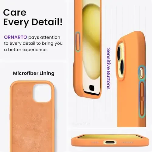 ORNARTO Compatible with iPhone 15 Case 6.1, Slim Liquid Silicone 3 Layers Full Covered Soft Gel Rubber Phone Case, Anti-Scratch Shockproof Protective Cover 6.1 Inch, Marigold - 5