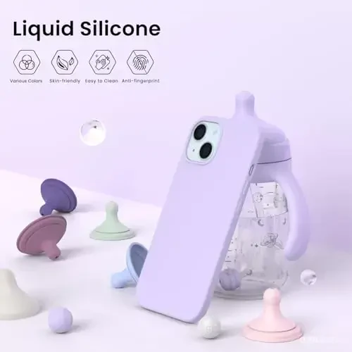 ORNARTO Compatible with iPhone 15 Case 6.1, Slim Liquid Silicone 3 Layers Full Covered Soft Gel Rubber Phone Case, Anti-Scratch Shockproof Protective Cover 6.1 Inch, Pastel Lilac - 3