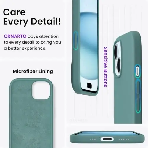 ORNARTO Compatible with iPhone 15 Case 6.1, Slim Liquid Silicone 3 Layers Full Covered Soft Gel Rubber Phone Case, Anti-Scratch Shockproof Protective Cover 6.1 Inch, Pine Green - 5