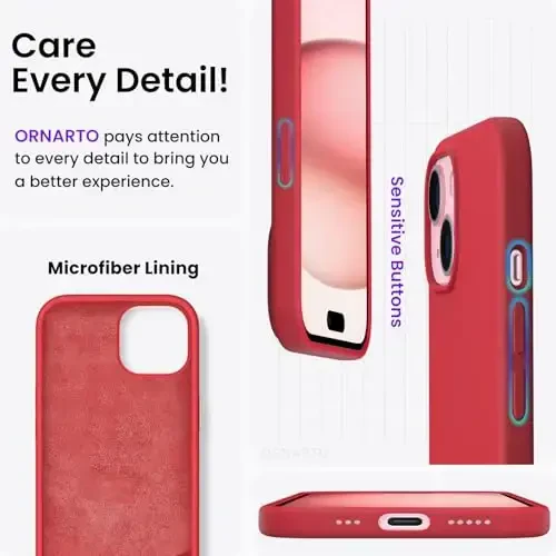 ORNARTO Compatible with iPhone 15 Case 6.1, Slim Liquid Silicone 3 Layers Full Covered Soft Gel Rubber Phone Case, Anti-Scratch Shockproof Protective Cover 6.1 Inch, Red - 5