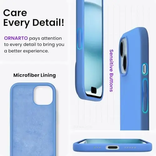 ORNARTO Compatible with iPhone 15 Case 6.1, Slim Liquid Silicone 3 Layers Full Covered Soft Gel Rubber Phone Case, Anti-Scratch Shockproof Protective Cover 6.1 Inch, Sky Blue - 5