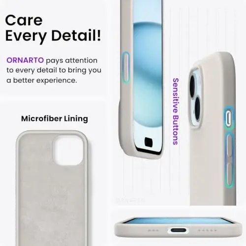 ORNARTO Compatible with iPhone 15 Case 6.1, Slim Liquid Silicone 3 Layers Full Covered Soft Gel Rubber Phone Case, Anti-Scratch Shockproof Protective Cover 6.1 Inch, Stone Grey - 5