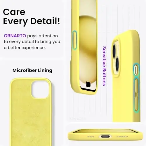 ORNARTO Compatible with iPhone 15 Case 6.1, Slim Liquid Silicone 3 Layers Full Covered Soft Gel Rubber Phone Case, Anti-Scratch Shockproof Protective Cover 6.1 Inch, Yellow Lemon - 5