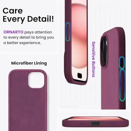 ORNARTO Compatible with iPhone 15 Case 6.1, Slim Liquid Silicone 3 Layers Full Covered Soft Gel Rubber Phone Case, Anti-Scratch Shockproof Protective Cover 6.1 Inch, Wine Red - 5