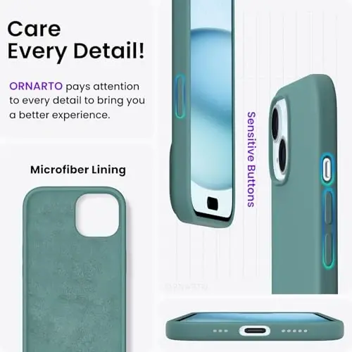 ORNARTO Compatible with iPhone 15 Case 6.1, Slim Liquid Silicone 3 Layers Full Covered Soft Gel Rubber Phone Case, Anti-Scratch Shockproof Protective Cover 6.1 Inch, Pine Green - 5