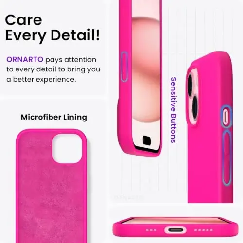 ORNARTO Compatible with iPhone 15 Case 6.1, Slim Liquid Silicone 3 Layers Full Covered Soft Gel Rubber Phone Case, Anti-Scratch Shockproof Protective Cover 6.1 Inch, Hot Pink - 5