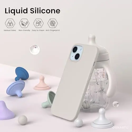 ORNARTO Compatible with iPhone 15 Case 6.1, Slim Liquid Silicone 3 Layers Full Covered Soft Gel Rubber Phone Case, Anti-Scratch Shockproof Protective Cover 6.1 Inch, Stone Grey - 3