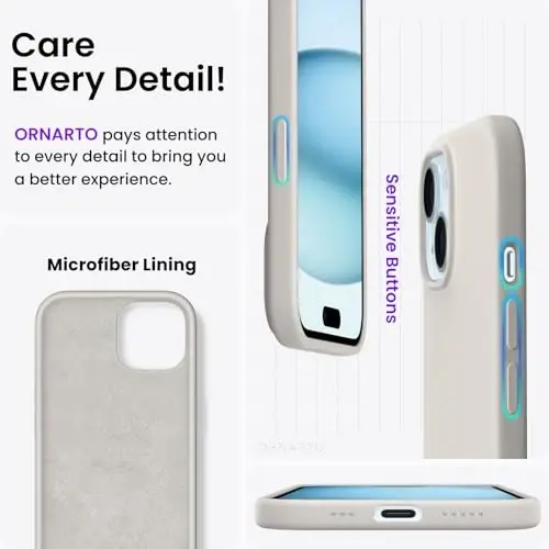 ORNARTO Compatible with iPhone 15 Case 6.1, Slim Liquid Silicone 3 Layers Full Covered Soft Gel Rubber Phone Case, Anti-Scratch Shockproof Protective Cover 6.1 Inch, Stone Grey - 5