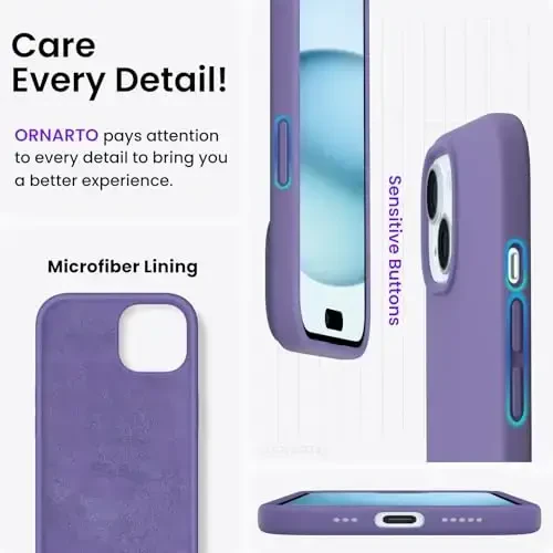 ORNARTO Compatible with iPhone 15 Case 6.1, Slim Liquid Silicone 3 Layers Full Covered Soft Gel Rubber Phone Case, Anti-Scratch Shockproof Protective Cover 6.1 Inch, Amethyst - 5