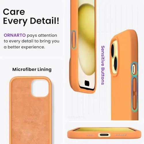 ORNARTO Compatible with iPhone 15 Case 6.1, Slim Liquid Silicone 3 Layers Full Covered Soft Gel Rubber Phone Case, Anti-Scratch Shockproof Protective Cover 6.1 Inch, Marigold - 5