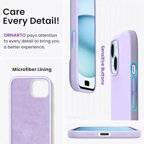 ORNARTO Compatible with iPhone 15 Case 6.1, Slim Liquid Silicone 3 Layers Full Covered Soft Gel Rubber Phone Case, Anti-Scratch Shockproof Protective Cover 6.1 Inch, Pastel Lilac - 5
