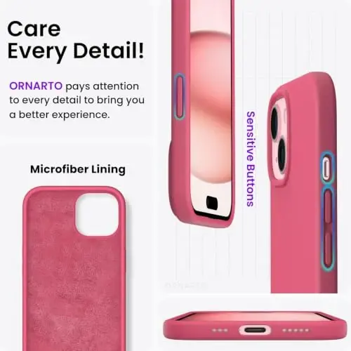 ORNARTO Compatible with iPhone 15 Case 6.1, Slim Liquid Silicone 3 Layers Full Covered Soft Gel Rubber Phone Case, Anti-Scratch Shockproof Protective Cover 6.1 Inch, Rosy Blush - 5