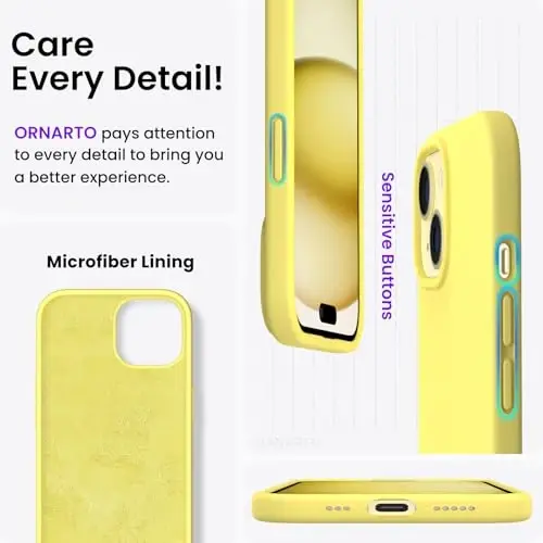 ORNARTO Compatible with iPhone 15 Case 6.1, Slim Liquid Silicone 3 Layers Full Covered Soft Gel Rubber Phone Case, Anti-Scratch Shockproof Protective Cover 6.1 Inch, Yellow Lemon - 5