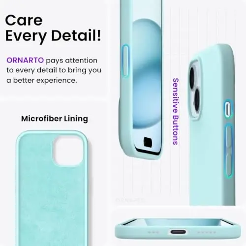 ORNARTO iPhone 15 Case 6.1 bilan mos keladi, Yupqa suyuq silikon 3 qatlamli to'liq qoplangan yumshoq gel kauchuk telefon qutisi, chizishga qarshi zarbga chidamli himoya qopqog'i 6.1 dyuym, yangi yalpiz - 5