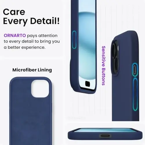 ORNARTO iPhone 15 Case 6.1 bilan mos keladi, Yupqa Suyuq Silikon 3 Qatlamli To'liq Qoplangan Yumshoq Gel Rezina Telefon G'ilofi, Chizishga qarshi Zarba o'tkazmaydigan Himoya Qopqog'i 6.1 dyuym, To'q ko'k - 5