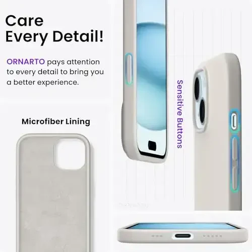 ORNARTO iPhone 15 Case 6.1 bilan mos keladi, Yupqa Suyuq Silikon 3 Qatlamli To'liq Qoplangan Yumshoq Gel Rezina Telefon G'ilofi, Chizishga qarshi Zarba o'tkazmaydigan Himoya Qopqog'i 6.1 Inch, Tosh Kulrang - 5