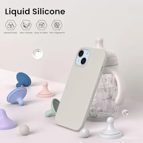 ORNARTO iPhone 15 Case 6.1 bilan mos keladi, Yupqa Suyuq Silikon 3 Qatlamli To'liq Qoplangan Yumshoq Gel Rezina Telefon G'ilofi, Chizishga qarshi Zarba o'tkazmaydigan Himoya Qopqog'i 6.1 Inch, Tosh Kulrang - 3