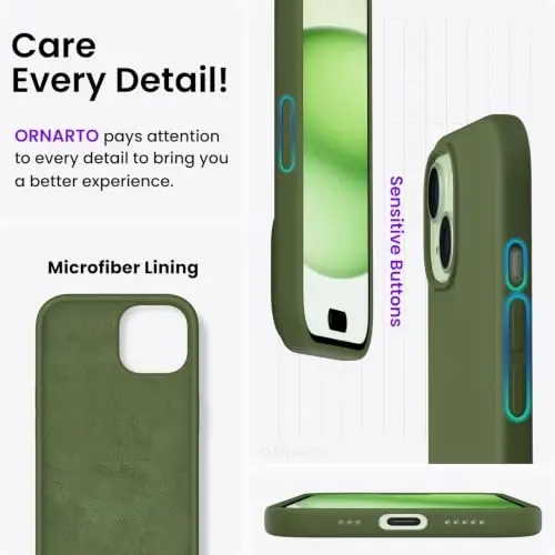 ORNARTO iPhone 15 Case 6.1 bilan mos keladi, Yupqa suyuq silikon 3 qatlamli to'liq qoplangan yumshoq gel rezina telefon qutisi, chizilishga qarshi zarbga chidamli himoya qopqog'i 6.1 dyuym, Kedr yashil - 5