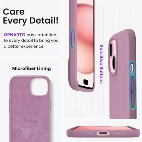 ORNARTO iPhone 15 Case 6.1 bilan mos keladi, Yupqa Suyuq Silikon 3 Qatlamli To'liq Qoplangan Yumshoq Gel Rezina Telefon Qutisi, Tirnalishga Qarshi Zarbadan Himoya Qiluvchi Qopqoq 6.1 dyuym, Lilak Binafsha - 5