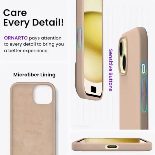 ORNARTO iPhone 15 Case 6.1 bilan mos keladi, Yupqa Suyuq Silikon 3 Qavat To'liq Qoplangan Yumshoq Gel Rezina Telefon Qutisi, Chizishga Qarshi Zarba o'tkazmaydigan Himoya Qopqog'i 6.1 dyuym, Xaki Yalang'och - 5