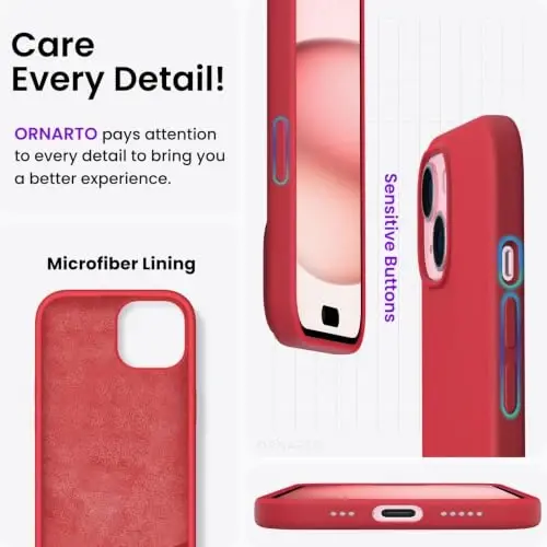 ORNARTO iPhone 15 Case 6.1 bilan mos, Yupqa suyuq silikon 3 qat to'liq qoplangan yumshoq jel kauchuk telefon qutisi, chizishga qarshi zarbga chidamli himoya qopqog'i 6.1 dyuym, Qizil - 5