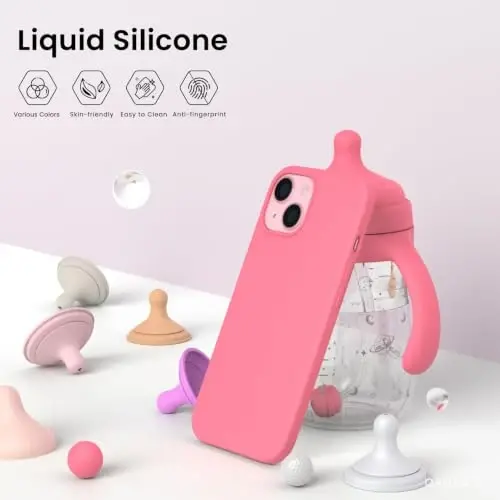 ORNARTO iPhone 15 Case 6.1 bilan mos, Yupqa Suyuq Silikon 3 Qatlam To'liq Qoplangan Yumshoq Gel Rezina Telefon Qutisi, Chizishga Qarshi Zarba o'tkazmaydigan Himoya Qopqog'i 6.1 dyuym, Sweetie Pink - 3