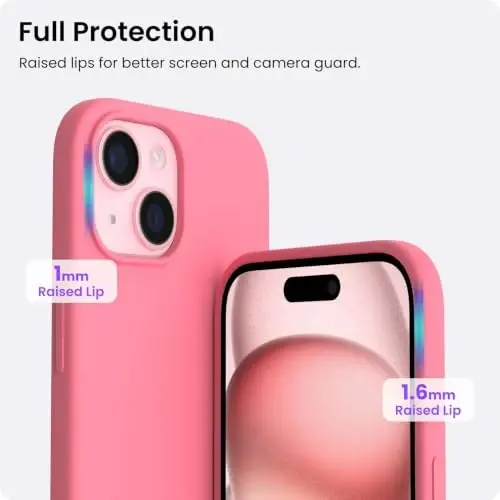 ORNARTO iPhone 15 Case 6.1 bilan mos, Yupqa Suyuq Silikon 3 Qatlam To'liq Qoplangan Yumshoq Gel Rezina Telefon Qutisi, Chizishga Qarshi Zarba o'tkazmaydigan Himoya Qopqog'i 6.1 dyuym, Sweetie Pink - 4