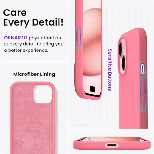 ORNARTO iPhone 15 Case 6.1 bilan mos, Yupqa Suyuq Silikon 3 Qatlam To'liq Qoplangan Yumshoq Gel Rezina Telefon Qutisi, Chizishga Qarshi Zarba o'tkazmaydigan Himoya Qopqog'i 6.1 dyuym, Sweetie Pink - 5