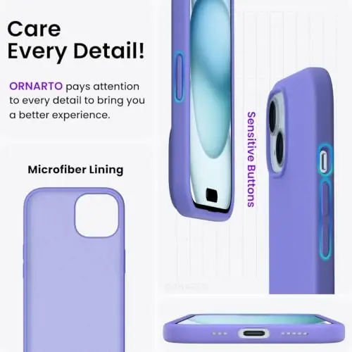ORNARTO iPhone 15 Case 6.1 bilan mos, Yupqa Suyuq Silikon 3 Qatlamli To'liq Qoplangan Yumshoq Gel Rezina Telefon G'ilofi, Chizishga Qarshi Zarbadan Himoya Qiluvchi G'ilof 6.1 dyuym, Periwinkle - 4