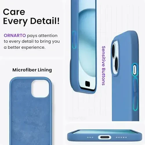 ORNARTO iPhone 15 Case 6.1 bilan mos, Yupqa Suyuq Silikon 3 Qatlamli To'liq Qoplangan Yumshoq Gel Rezina Telefon G'ilofi, Chizishga Qarshi Zarbadan Himoya Qiluvchi Qopqoq 6.1 dyuym, Moviy - 5