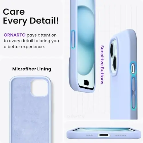 ORNARTO iPhone 15 Case 6.1 bilan mos, Yupqa Suyuq Silikon 3 Qatlamli To'liq Qoplangan Yumshoq Gel Rezina Telefon Qutisi, Chizishga Qarshi Zarba o'tkazmaydigan Himoya Qopqog'i 6.1 dyuym, Ochiq Moviy - 5