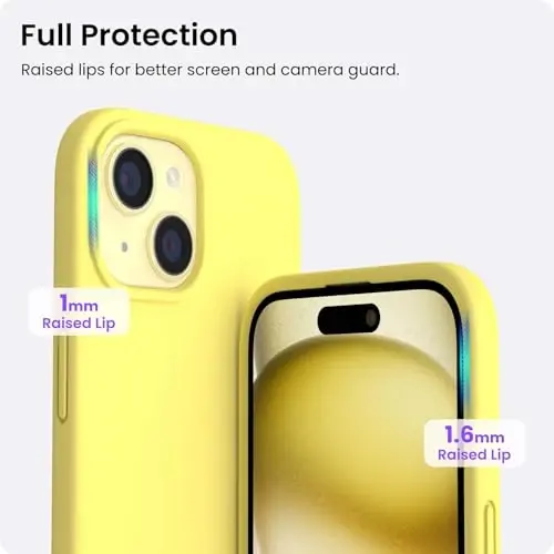 ORNARTO iPhone 15 Case 6.1 bilan mos, Yupqa Suyuq Silikon 3 Qatlamli To'liq Qoplangan Yumshoq Gel Rezina Telefon Qutisi, Chizishga Qarshi Zarba o'tkazmaydigan Himoya Qopqog'i 6.1 Inch, Sariq Limon - 4