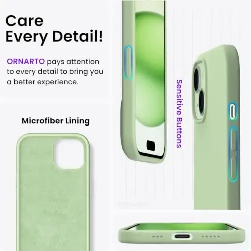 ORNARTO iPhone 15 Case 6.1 bilan mos, Yupqa Suyuq Silikon 3 Qatlamli To'liq Qoplangan Yumshoq Gel Rezina Telefon Qutisi, Tirnalishga qarshi Zarbadan himoya qiluvchi himoya qopqog'i 6.1 dyuym, Pista - 5
