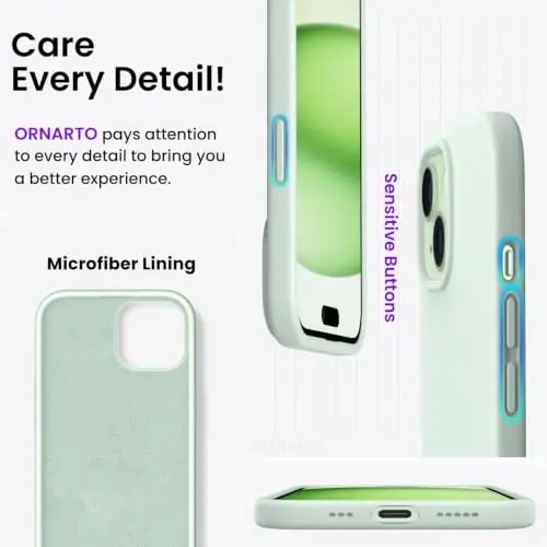 ORNARTO iPhone 15 Case 6.1 bilan mos, Yupqa Suyuq Silikon 3 Qavatli To'liq Qoplangan Yumshoq Gel Rezina Telefon Qutisi, Tirnalishga Qarshi Zarba o'tkazmaydigan Himoya Qopqog'i 6.1 dyuym, Ochiq yashil - 5