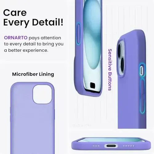 ORNARTO Совместимый с iPhone 15 6.1, тонкий жидкий силикон 3 слоя, полностью покрытый мягкий гелевый резиновый чехол, противоударный защитный чехол от царапин 6,1 дюйма, барвинок - 5