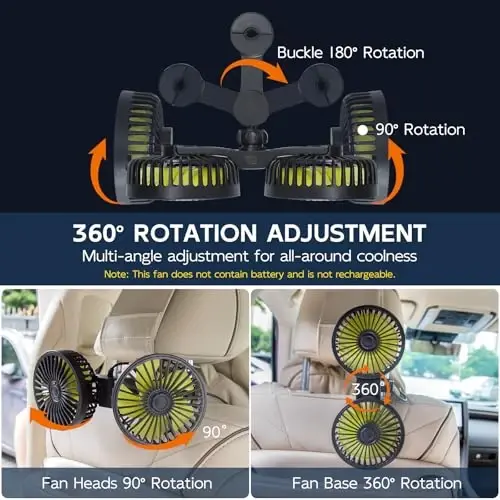 Orqa o'rindiqdagi bolalar uchun XOOL avtomobil fanati, ikki boshli USB avtomobil sovutish fanlari - 3 tezlikli 360° aylanuvchi orqa bosh suyagi fanatlari, transport vositalari SUV RV uchun 5V/2A quvvatli elektr havo aylanish fanati - XOOL (1)