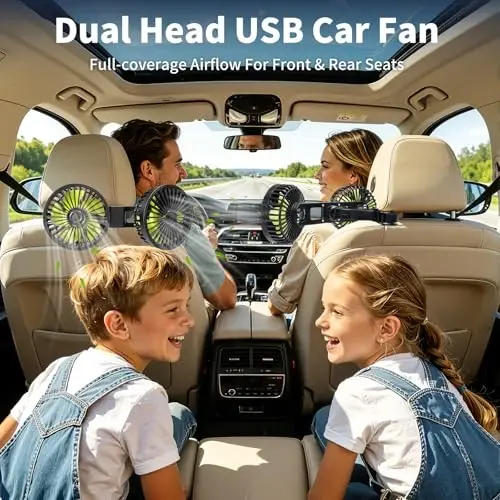 Orqa o'rindiqdagi bolalar uchun XOOL avtomobil fanati, ikki boshli USB avtomobil sovutish fanlari - 3 tezlikli 360° aylanuvchi orqa bosh suyagi fanatlari, transport vositalari SUV RV uchun 5V/2A quvvatli elektr havo aylanish fanati - 3