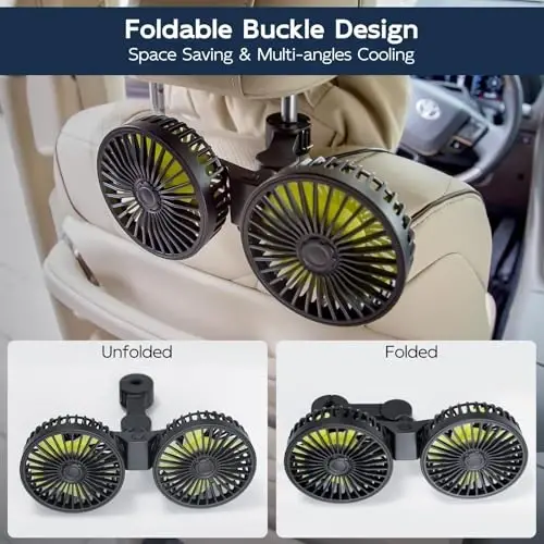 Orqa o'rindiqdagi bolalar uchun XOOL avtomobil fanati, ikki boshli USB avtomobil sovutish fanlari - 3 tezlikli 360° aylanuvchi orqa bosh suyagi fanatlari, transport vositalari SUV RV uchun 5V/2A quvvatli elektr havo aylanish fanati - 4