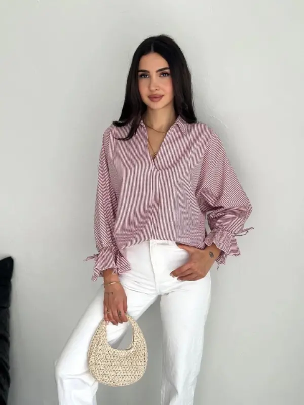 Orqa qismi assimetrik yirtiq kesimli detalli chiziqli bluz ko'ylak - Bordo - 3