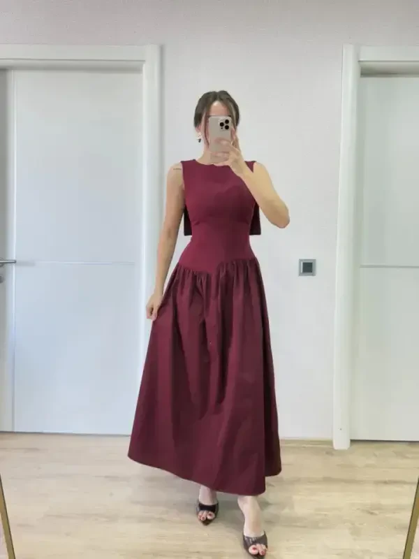 Orqasi Qanotli Uzun Ko'ylak - Bordo - 2