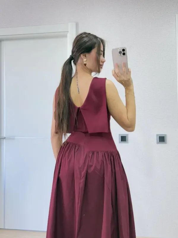 Orqasi Qanotli Uzun Ko'ylak - Bordo - 4