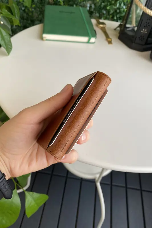 Orsa - Genuine Leather Minimalist Cardholder Tan Slim Wallet, Business Card Holder-Tan - 6